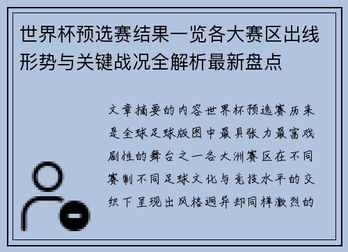 世界杯预选赛结果一览各大赛区出线形势与关键战况全解析最新盘点 世界杯预选赛结果一览各大赛区出线形势与关键战况全解析最新盘点